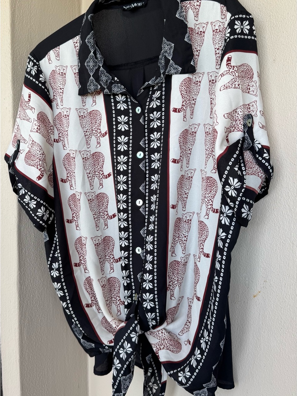 Sara Michelle Blouse Cheetah Print Black, White, Red Button-Up Tie-Front Collar